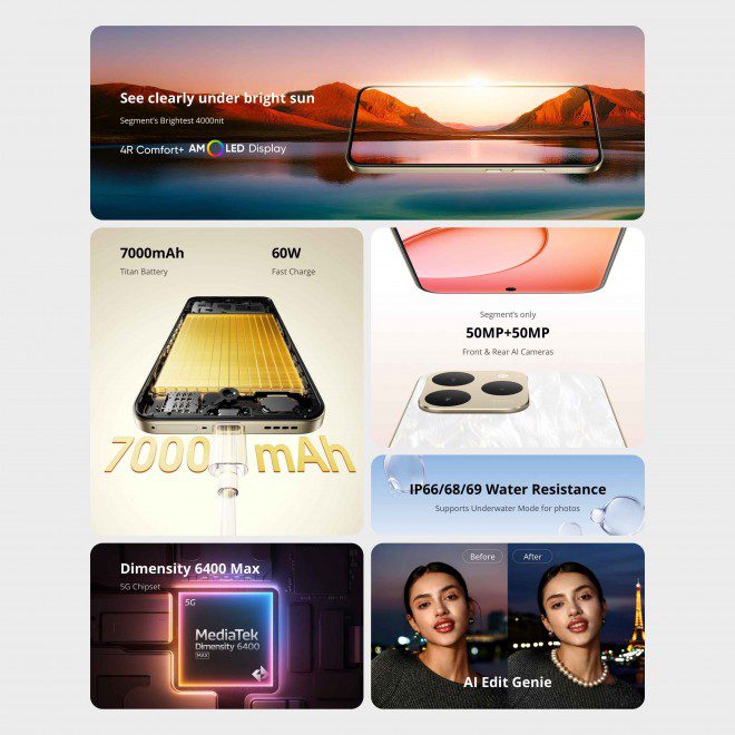 Realme 15T معرفی شد؛ میان‌رده‌ای با باتری ۷۰۰۰ میلی‌آمپر و شارژ ۶۰ وات