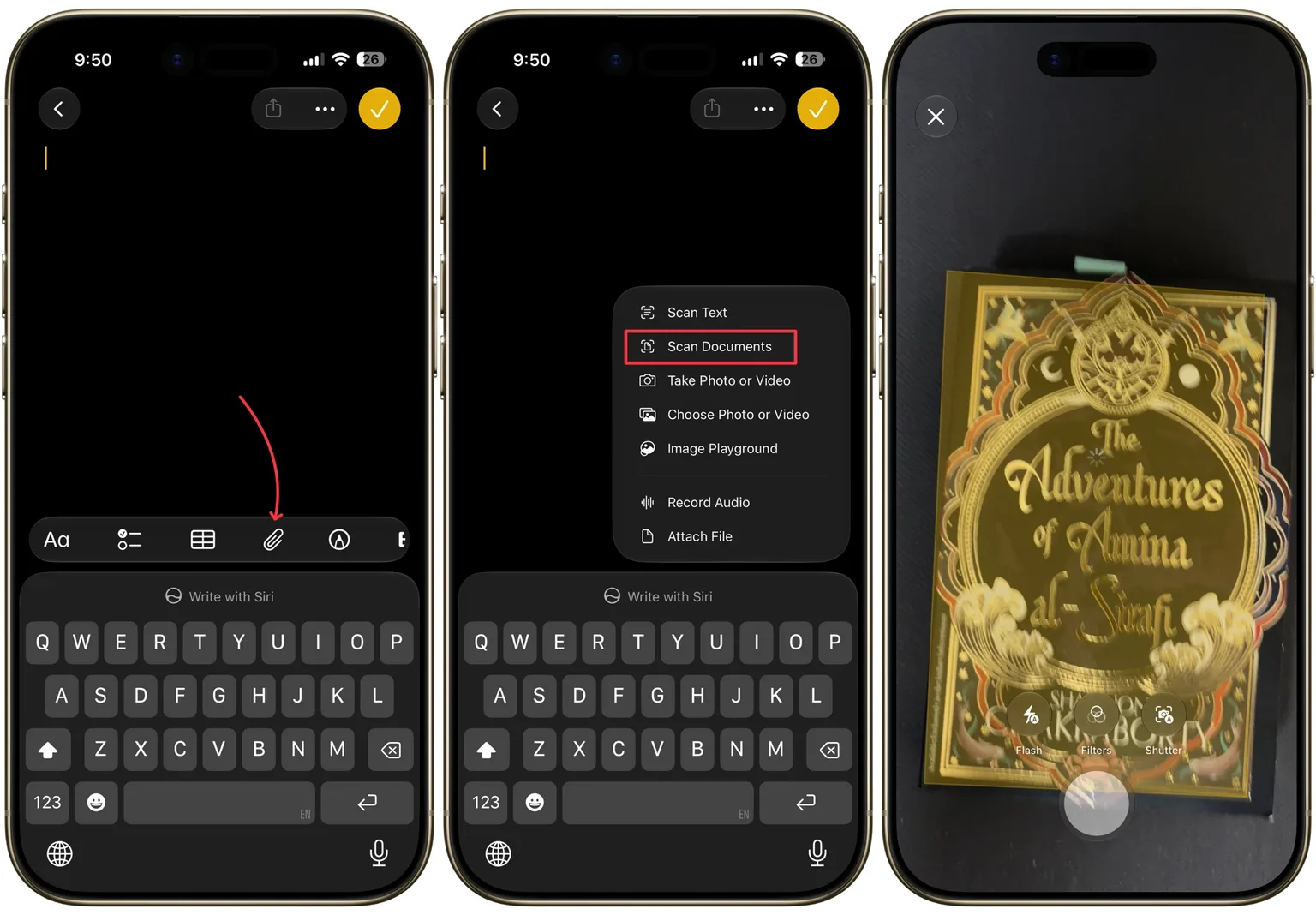  اسکن اسناد با استفاده از برنامه Notes (یادداشت‌ها)