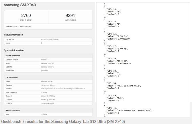 رم ۱۲ گیگابایتی برای Galaxy Tab S12 Ultra
